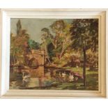 GILBERT GEE: A framed oil on board depicting a bri