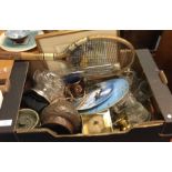 A box containing brassware, collectors plates etc.