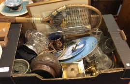 A box containing brassware, collectors plates etc.