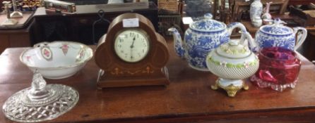 A decorative inlaid mantle clock etc.