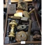 An oak tray together with carved mounts etc.