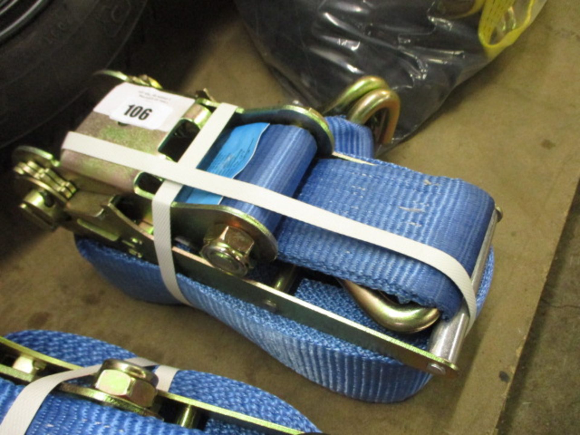 Large blue heavy duty ratchet tie down strap