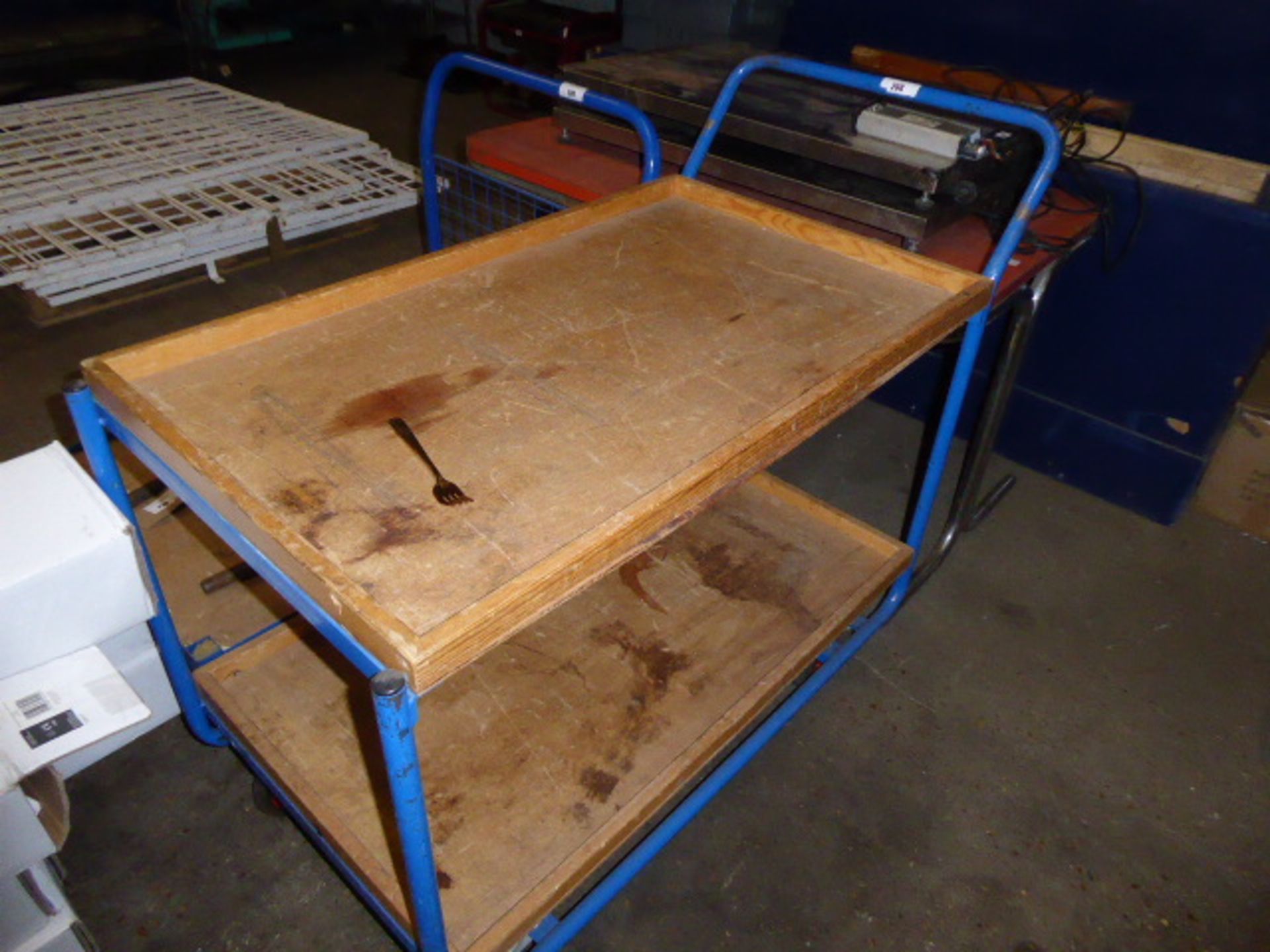 Blue frame 4 wheel barrow with wooden shelves