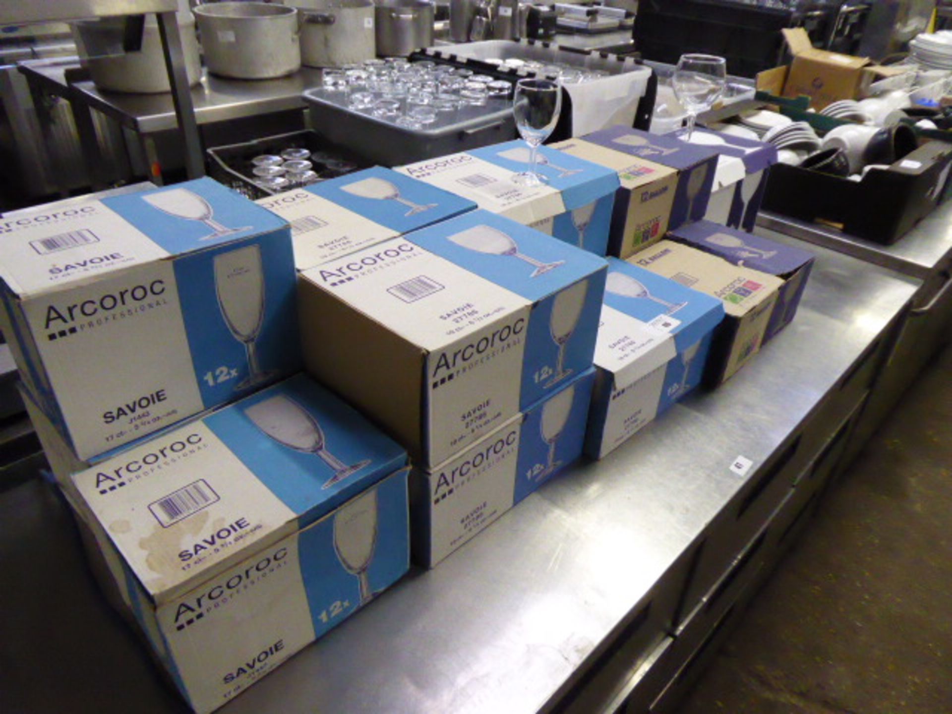 14 boxes of assorted Arcoroc wine glasses