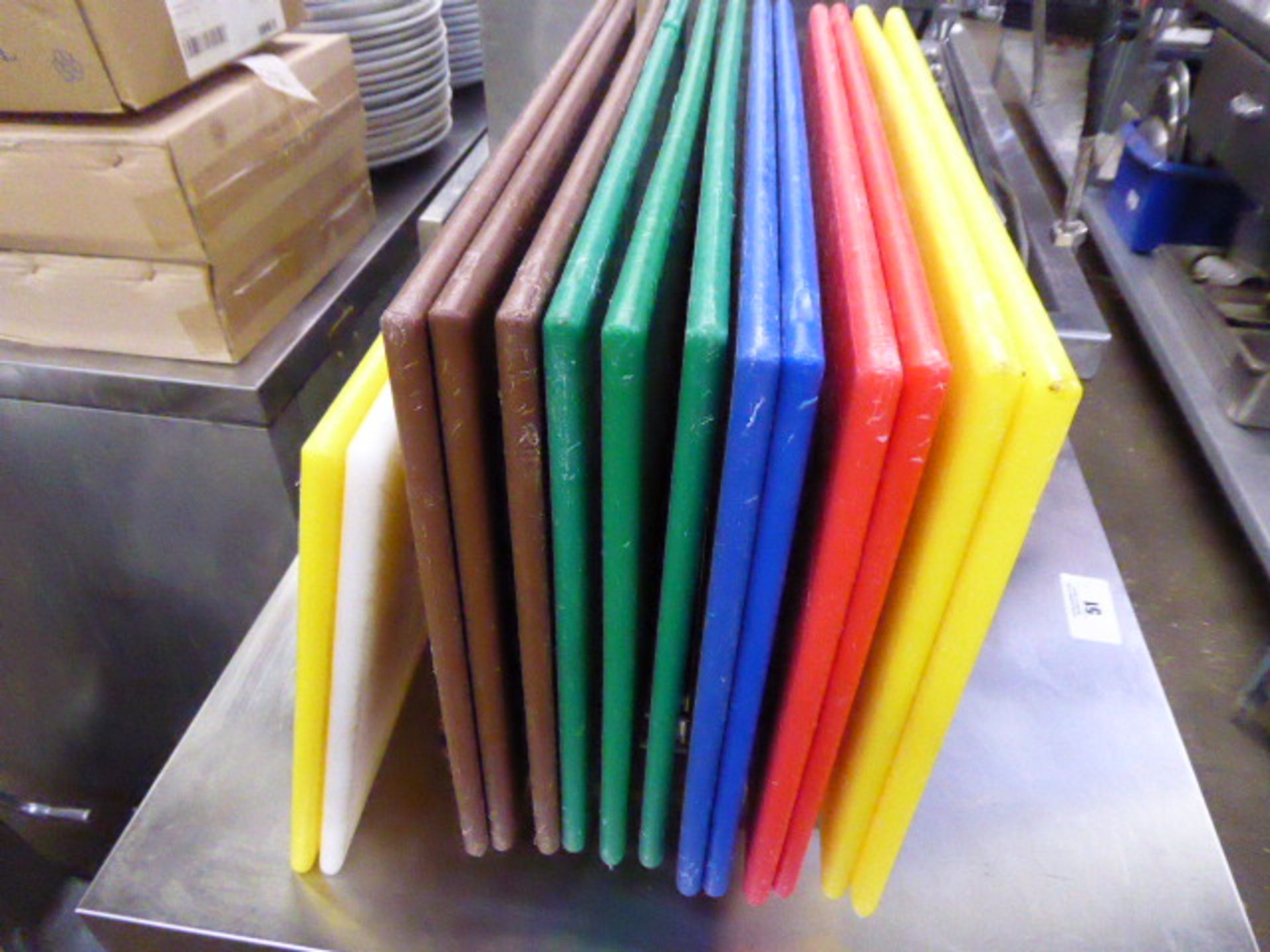 14 assorted colour coded chopping boards with chopping board rack - Image 2 of 2