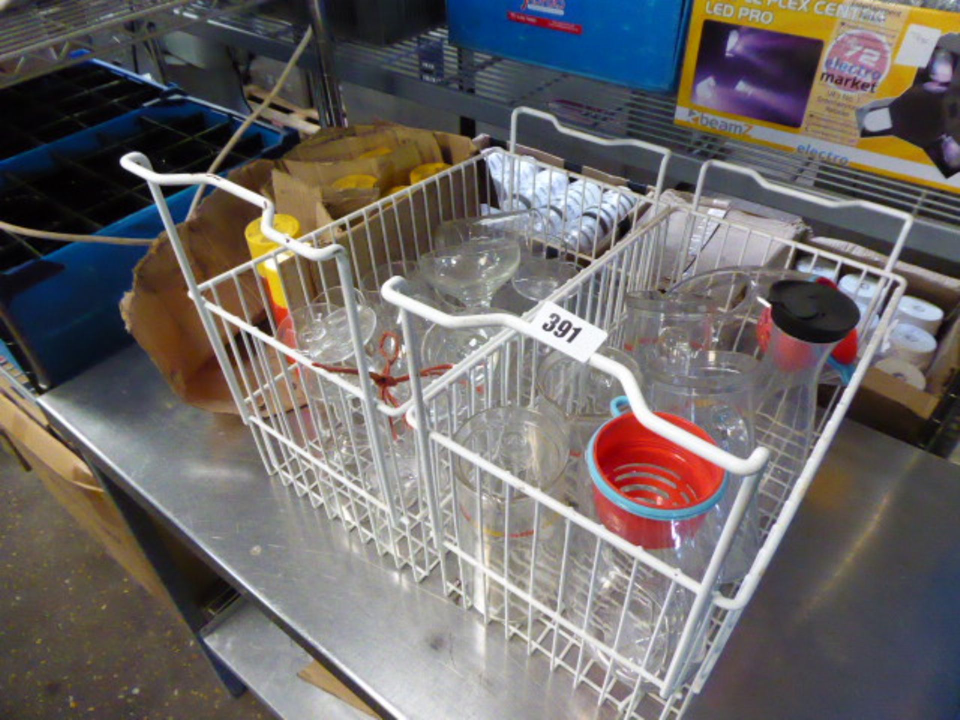 2 trays of assorted drinking glasses and jugs