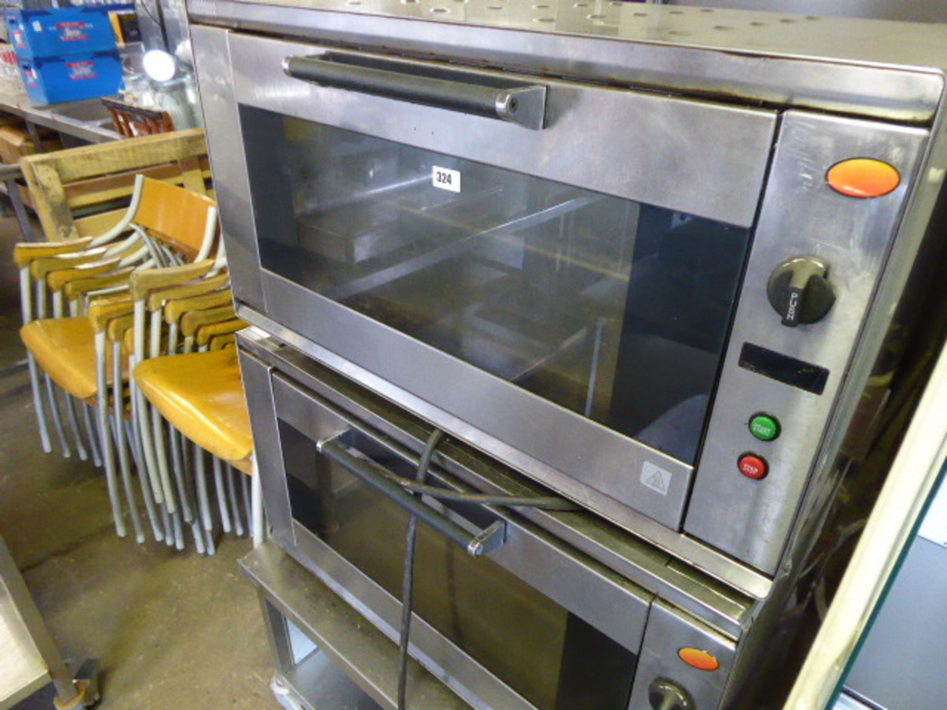 2 Smeg 90cm electric 4 shelf bench top ovens on mobile trolley