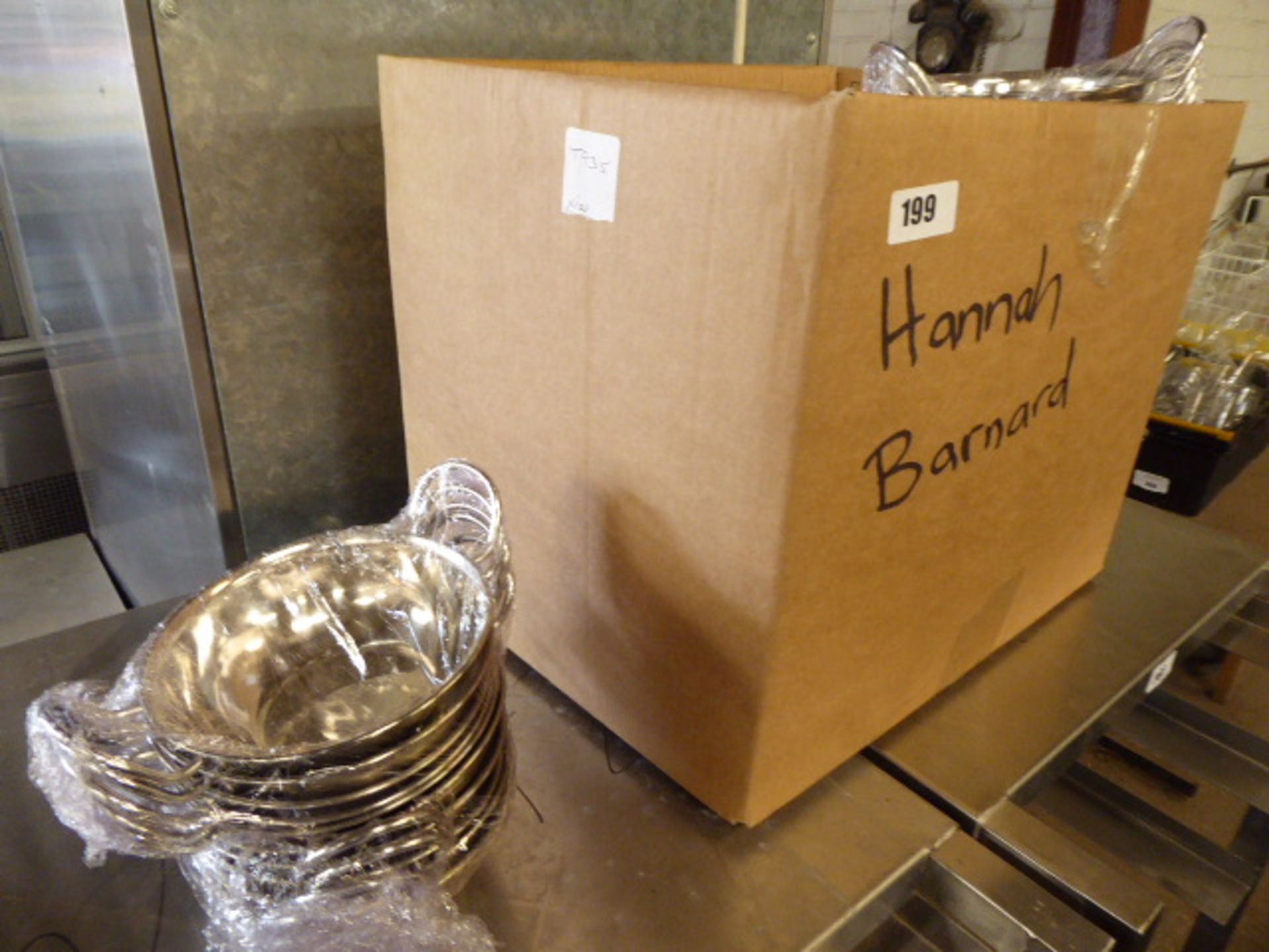 Large box containing stainless steel Balti 2 handled dishes