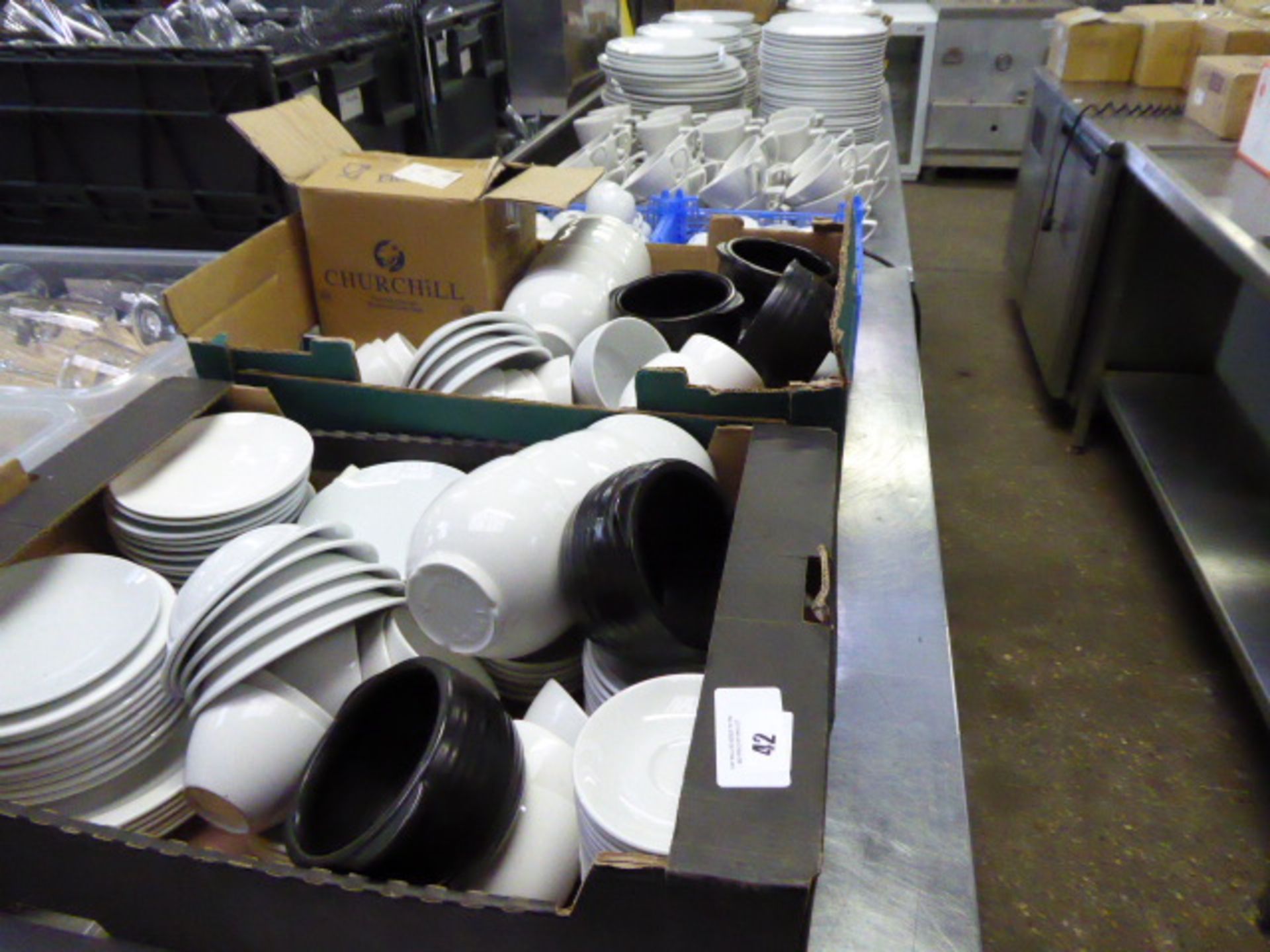 Large quantity of white crockery incl. approx. 50 13'' dinner plates, approx. 60 10'' dinner plates,