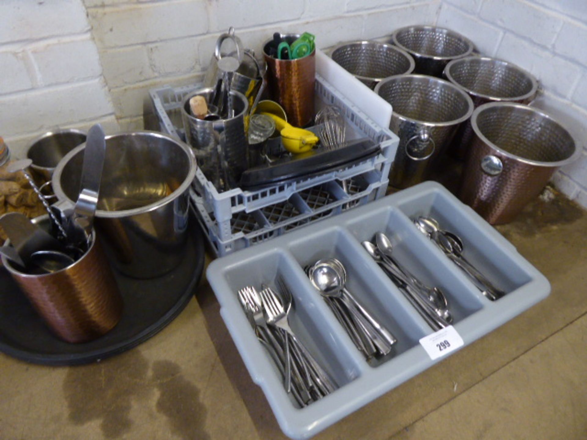 5 champagne buckets, tray of assorted cutlery and 2 trays of bar paraphernalia