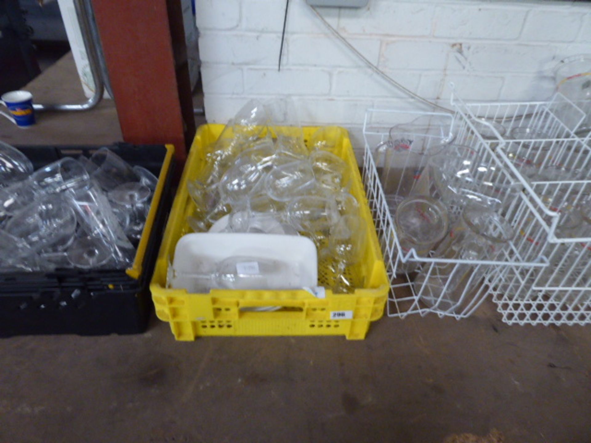 4 trays of assorted drinking glasses, pouring jugs, etc.