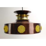 A 1970's brown enamelled ceiling light with brass bands and yellow perspex roundels