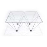 In the manner of Paolo Piva Alanda for B&B Italia, a glass and chromed coffee table, w.