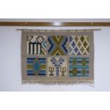 A South American-type wall tapestry, mounted on a brass rail,