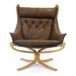 Sigurd Ressell for Vatne Mobler, a 'Falcon' chair with brown button upholstery,