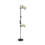A brass coloured twin-spot adjustable standard lamp with a black shaft and base CONDITION