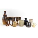 A group of British and French studio pottery including a pre-1972 Rye Pottery carafe and goblets,