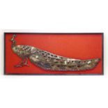 A 1970's metallic sculpture of a pheasant, mounted on a hessian back,