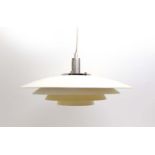 A Nordlux white enamelled four-tier ceiling light with a stainless steel shaft,