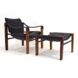 Maurice Burke for Arkana, a 'Safari'-type armchair with teak supports and a slung black vinyl seat,