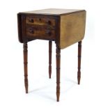 A 19th century mahogany drop-leaf sewing table with two frieze drawers on turned legs, w.