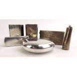 A silver and parcel gilt snuff container of squat bun form, two silver matchbox sleeves,