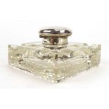 An early 20th century silver mounted cut glass inkwell of shallow square form, Francis Higgins,