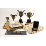 A group of silver plated trophies and sporting medallions, including eleven silver examples,