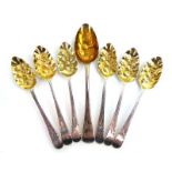 A harlequin set of six Georgian silver, parcel gilt and brightcut engraved berry teaspoons,