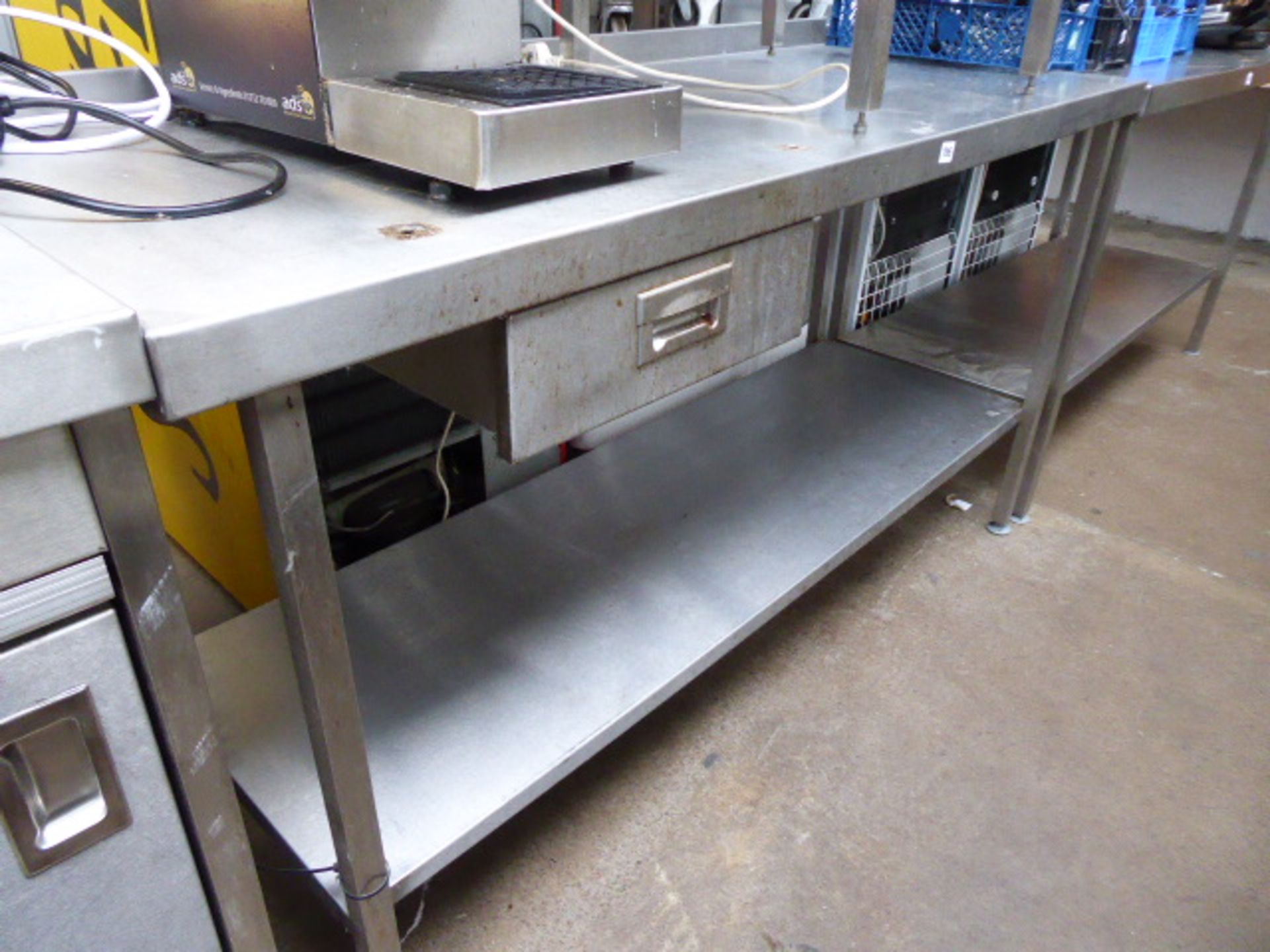 160cm stainless steel preparation table with drawer and shelf under and a shelf over