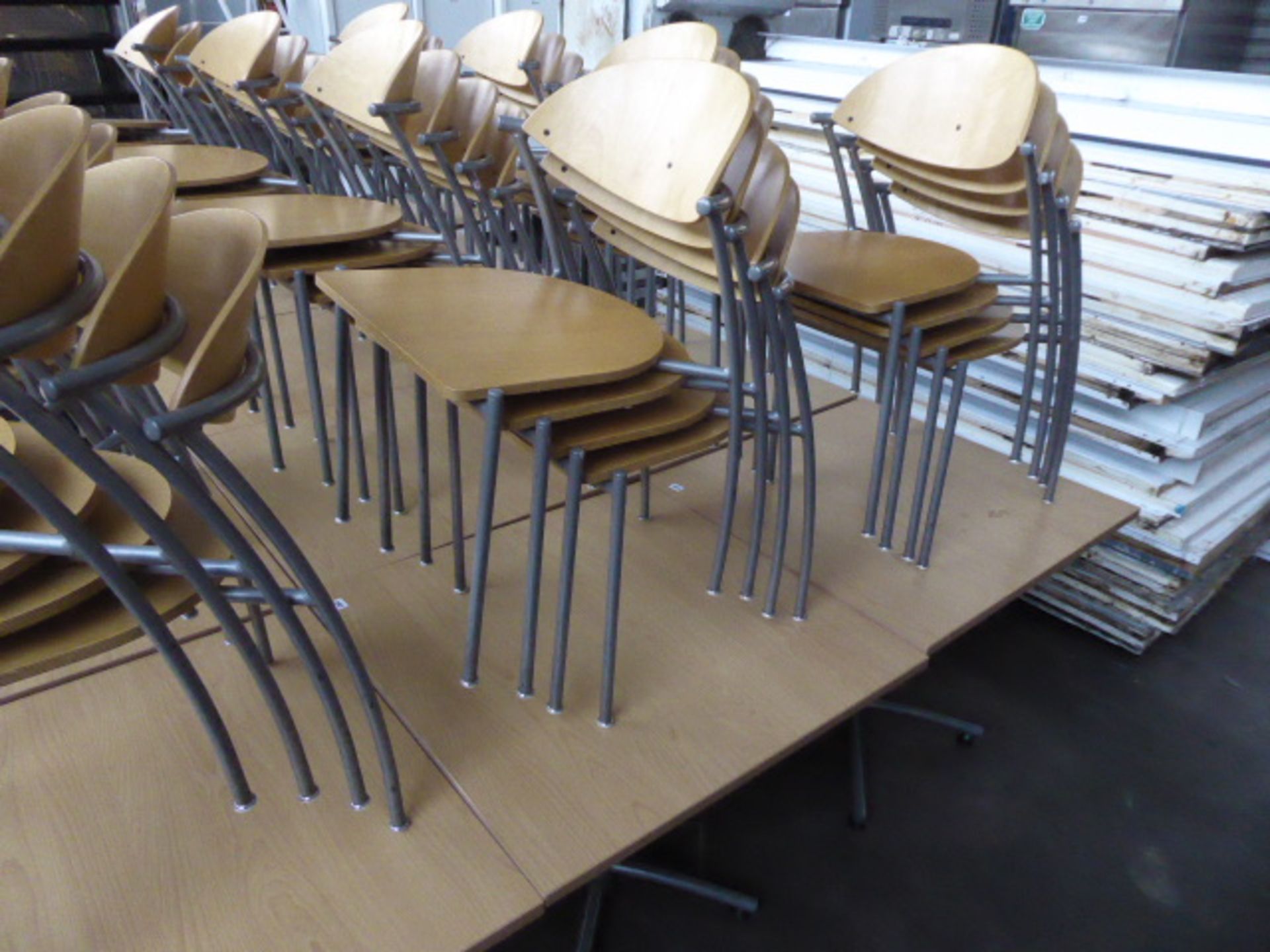 80cm square canteen-type table with set of 4 matching EFE stacking chairs