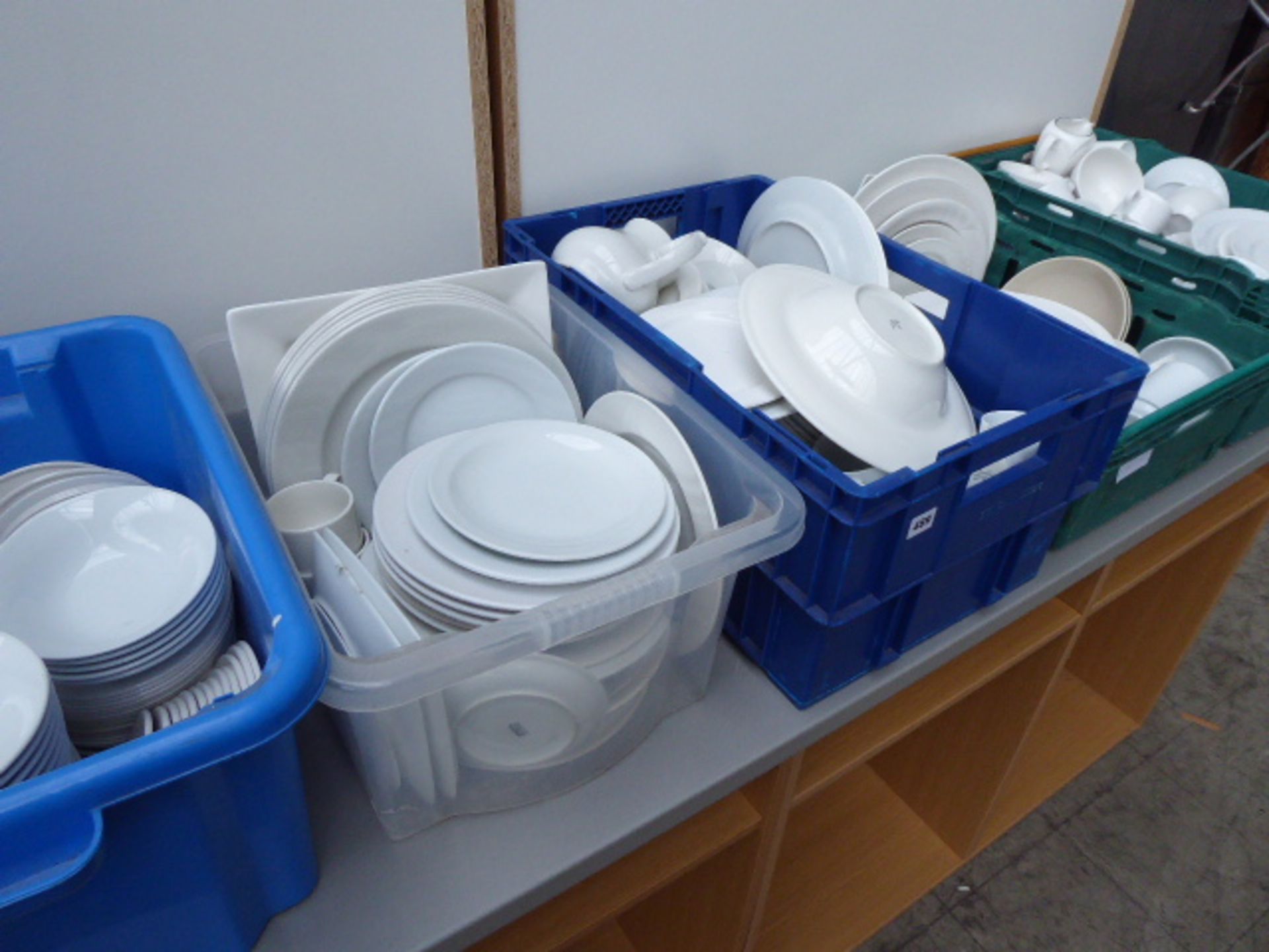 6 trays and boxes of assorted white crockery including dinner plates, side plates, cups, saucers,