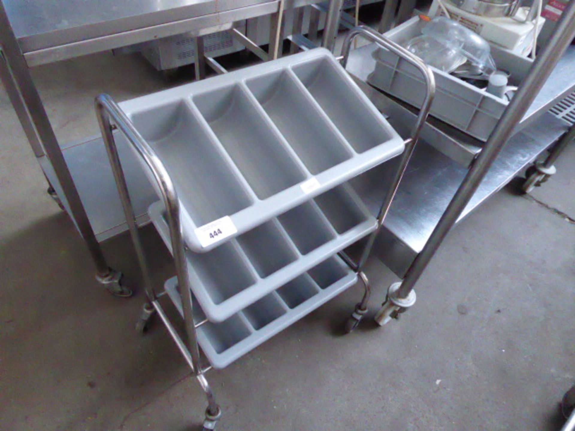 Mobile 3 tier cutlery trolley with 3 plastic cutlery trays