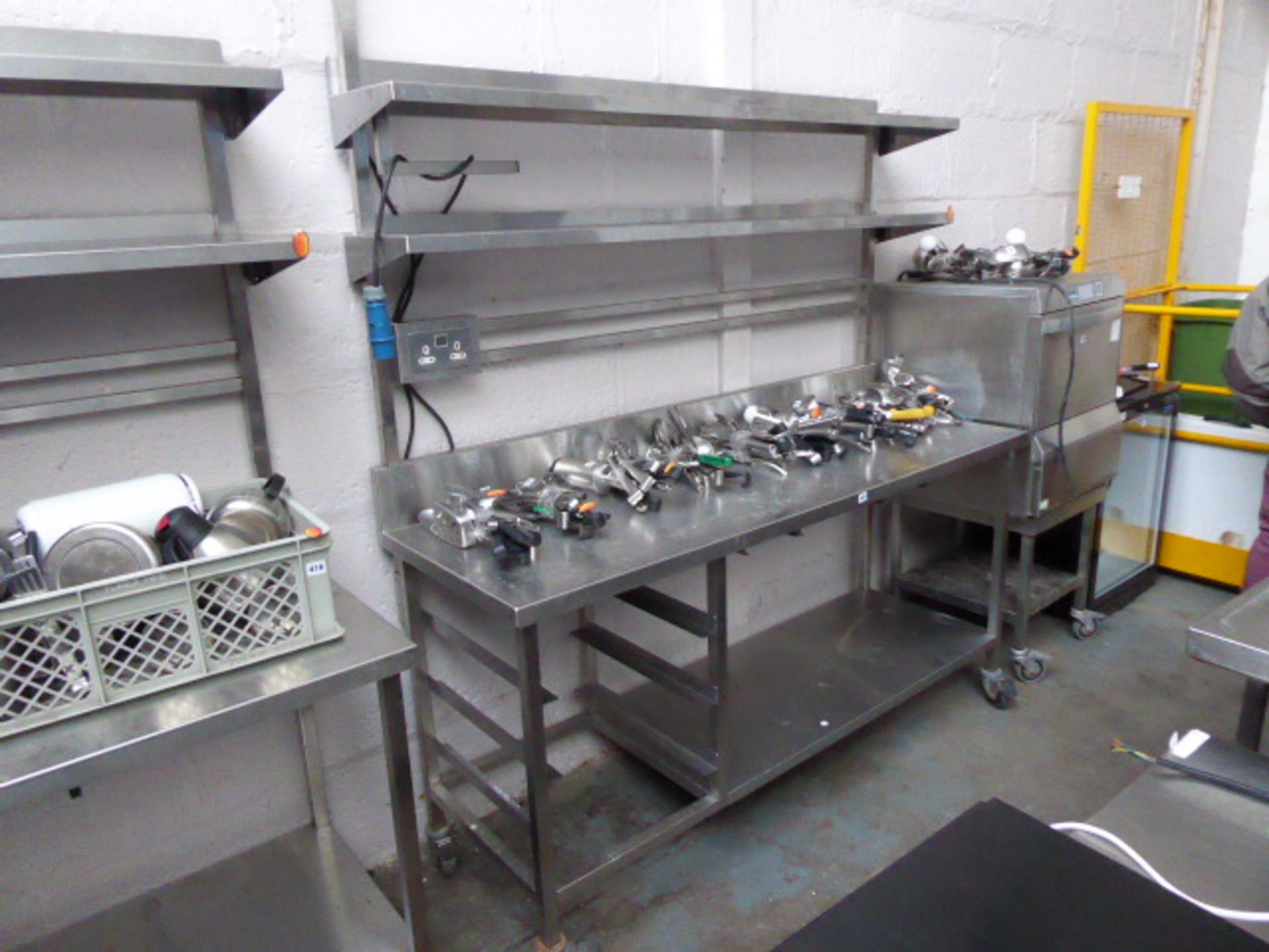 180cm stainless steel mobile preparation station with 2 shelves over and shelf under with space