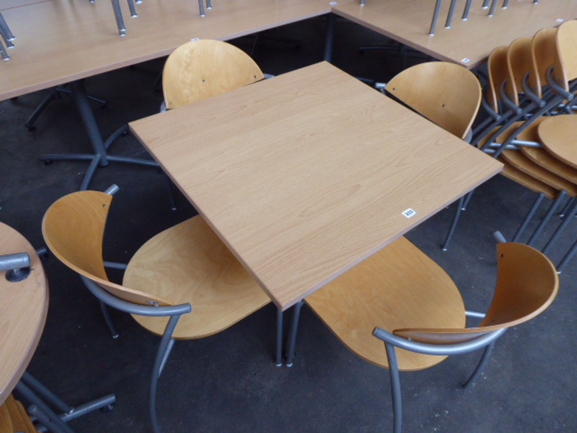 80cm square canteen-type table with set of 4 matching EFE stacking chairs
