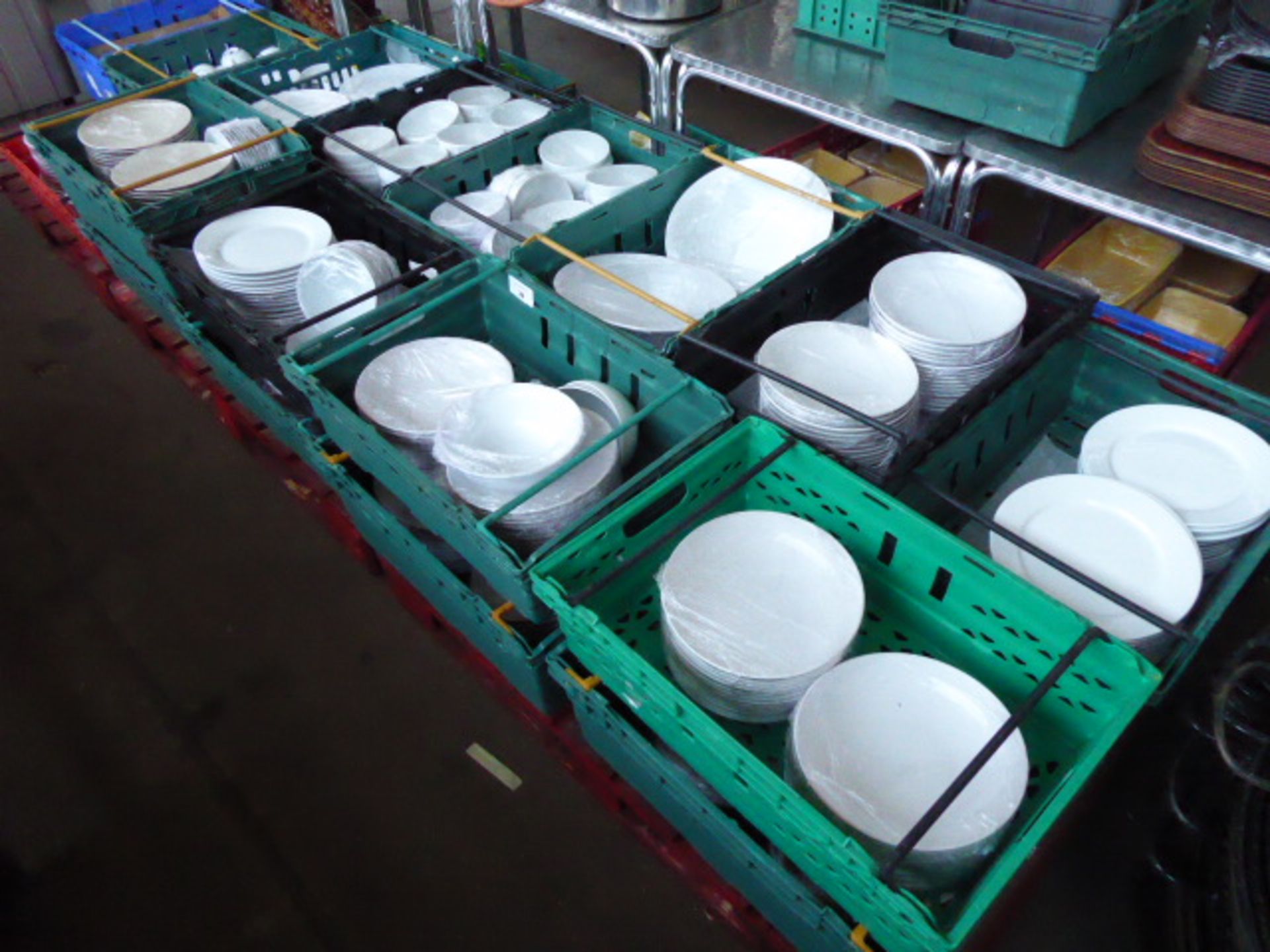 Three pallets of white crockery including a large number of dinner plates, side plates, bowls,