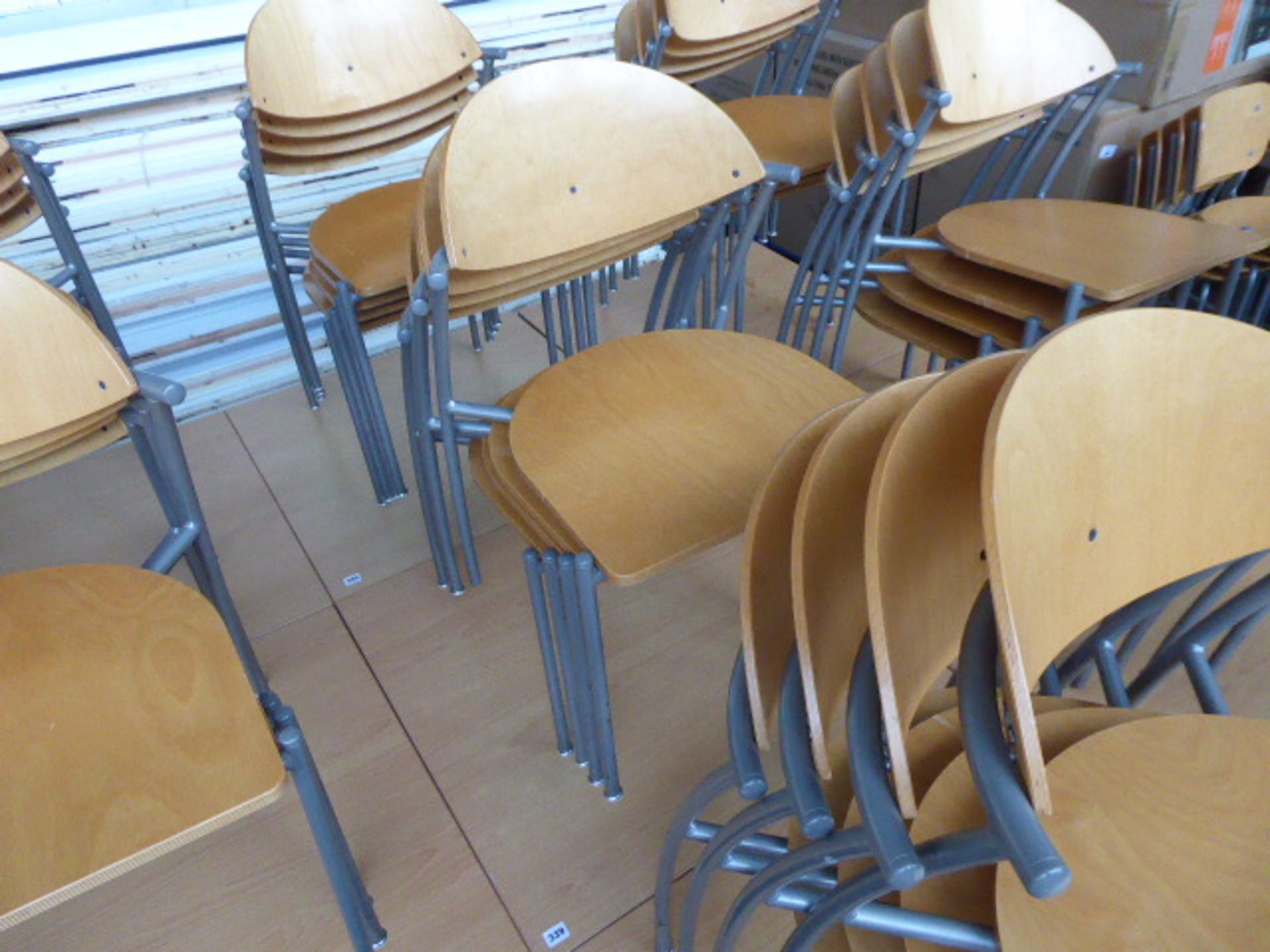 80cm square canteen-type table with set of 4 matching EFE stacking chairs