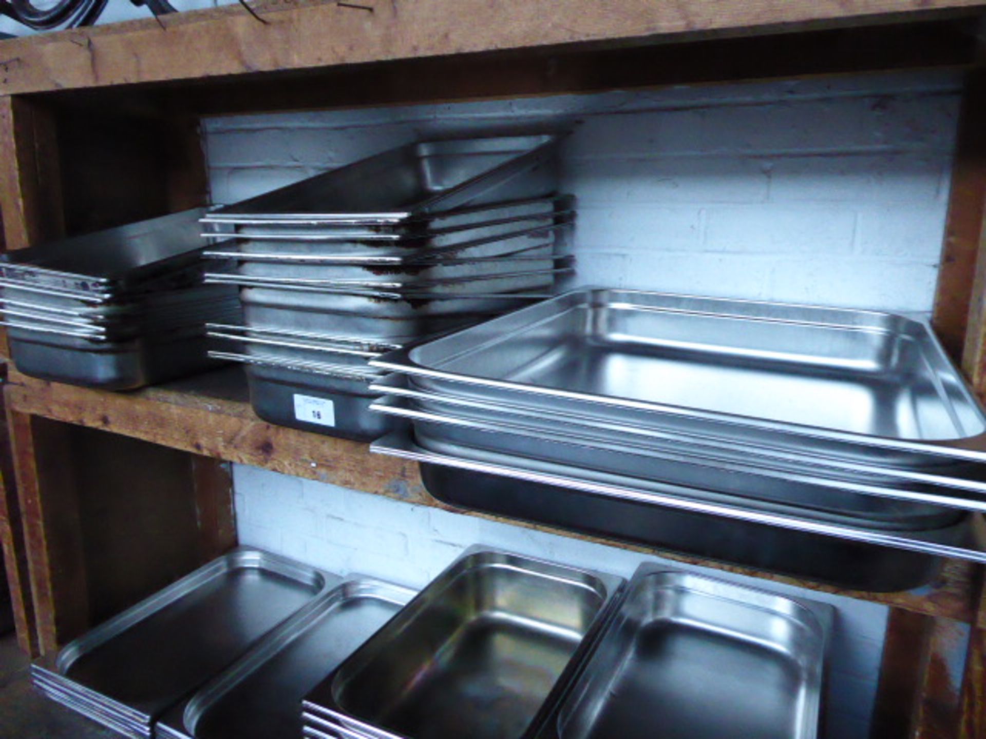 Four double size stainless steel Gastronorm pans trays and approximately fifteen stainless steel - Image 2 of 2