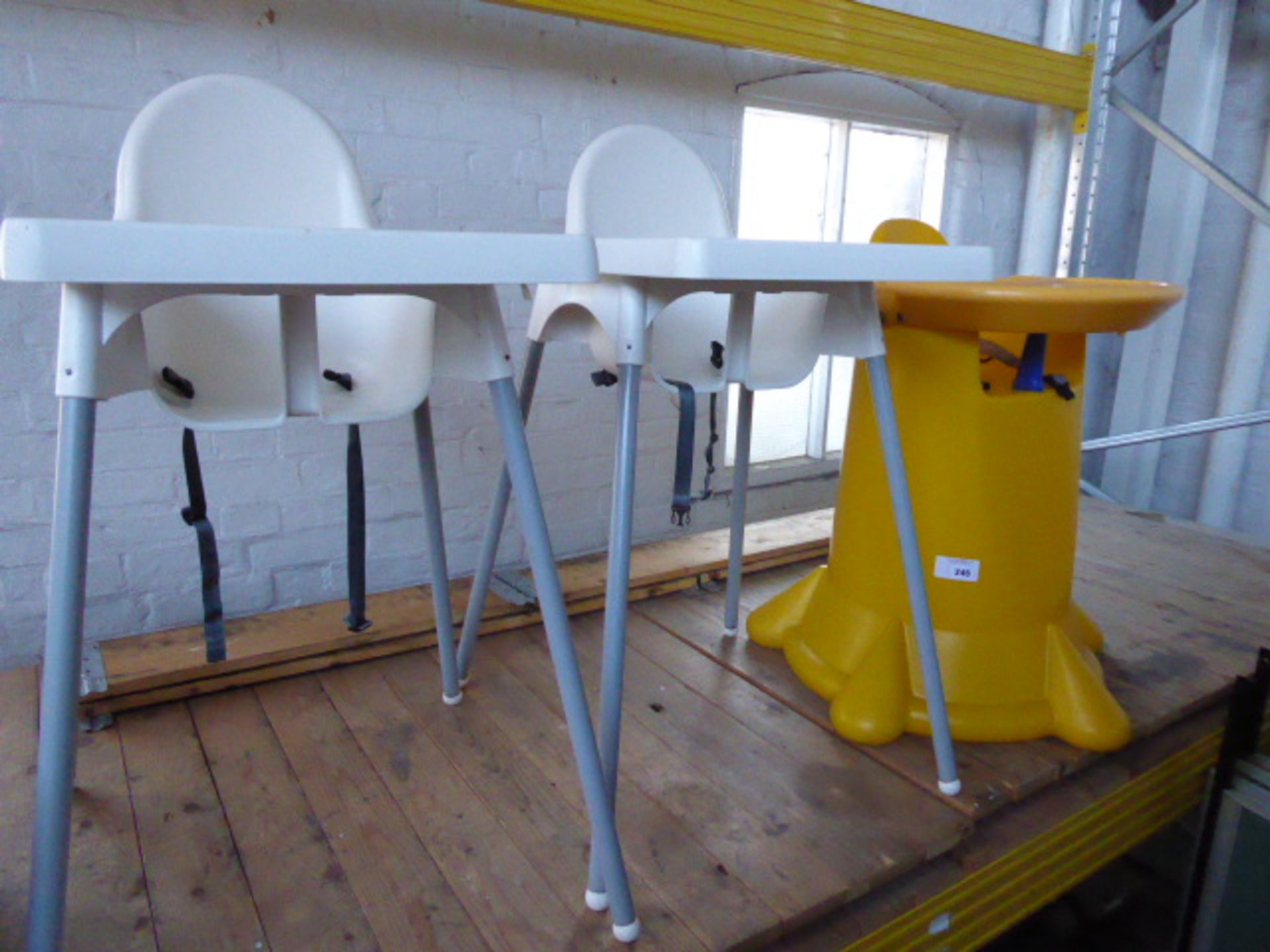 Yellow high chair and 2 white Ikea high chairs