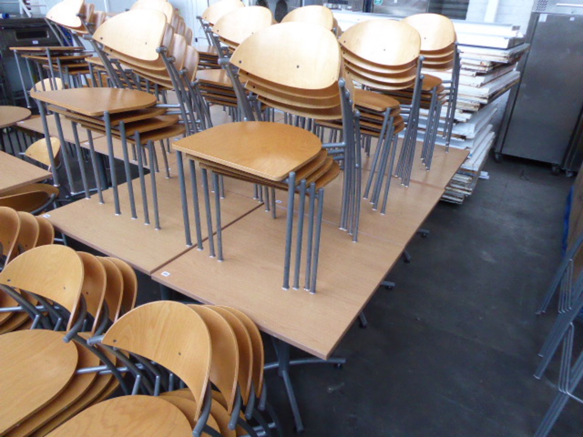 80cm square canteen-type table with set of 4 matching EFE stacking chairs