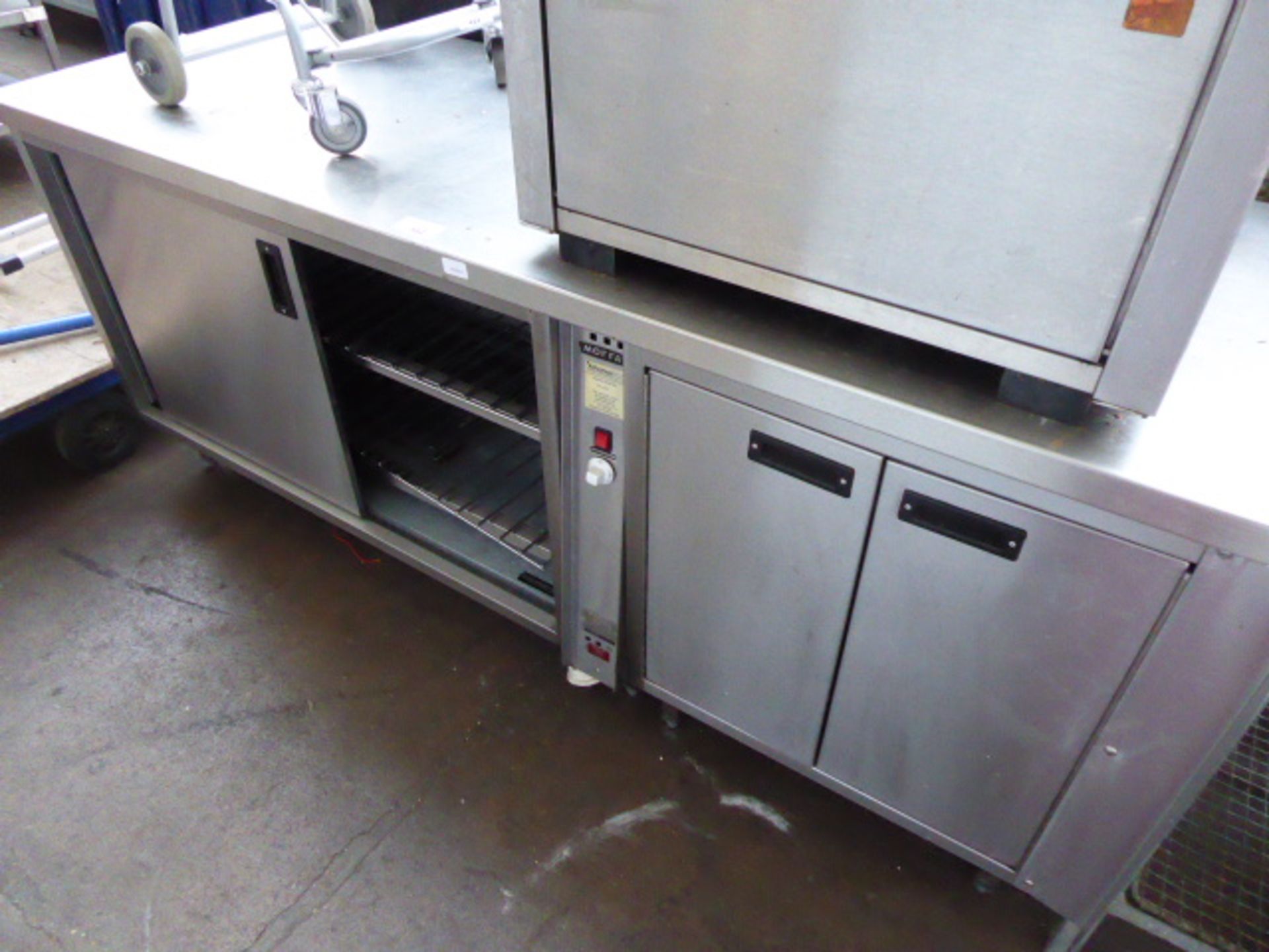 200cm electric Moffat hot cupboard with stainless steel prep top and cupboards under