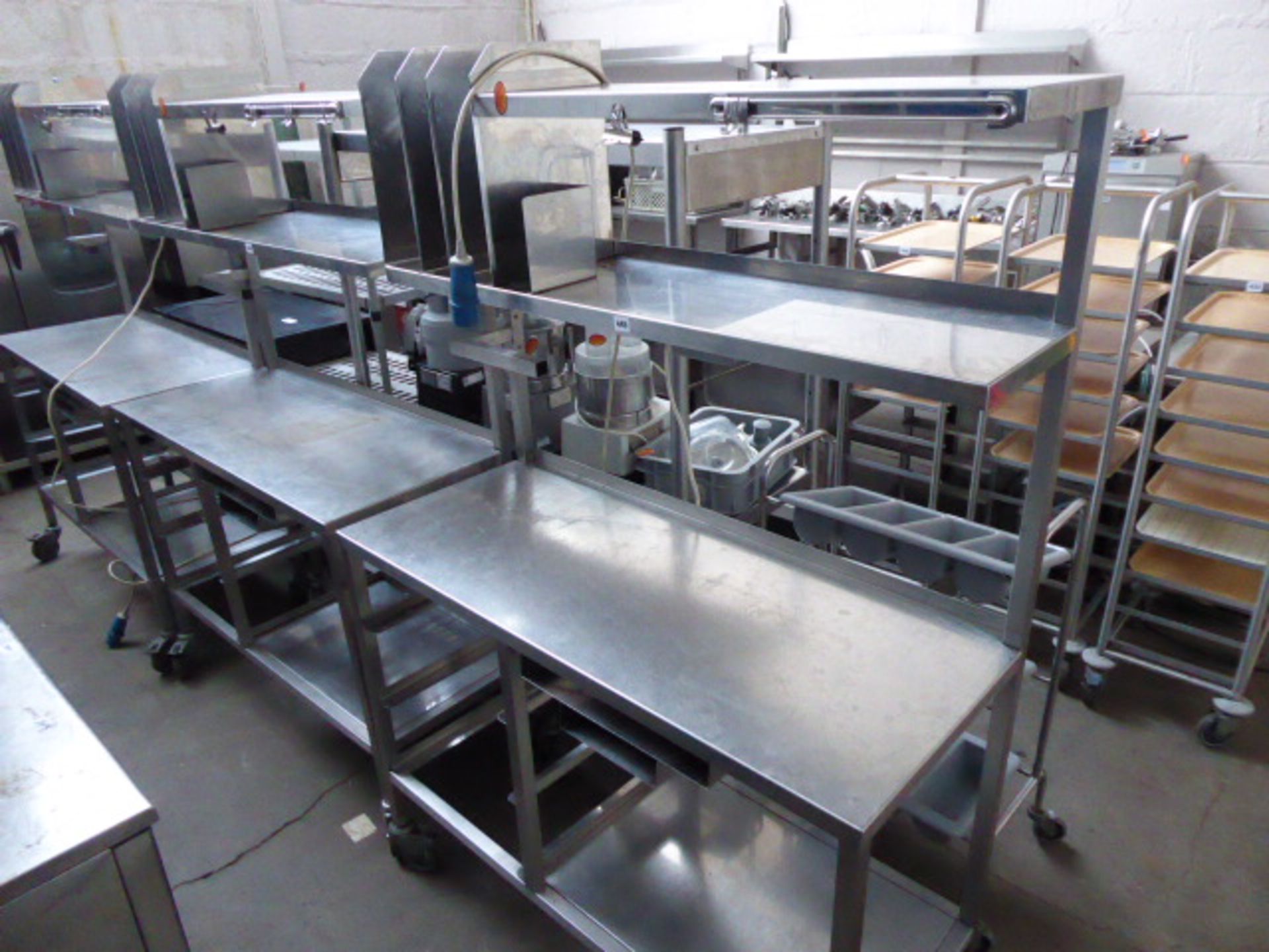 120cm stainless steel mobile preparation station with 2 shelves over, shelf under and space for