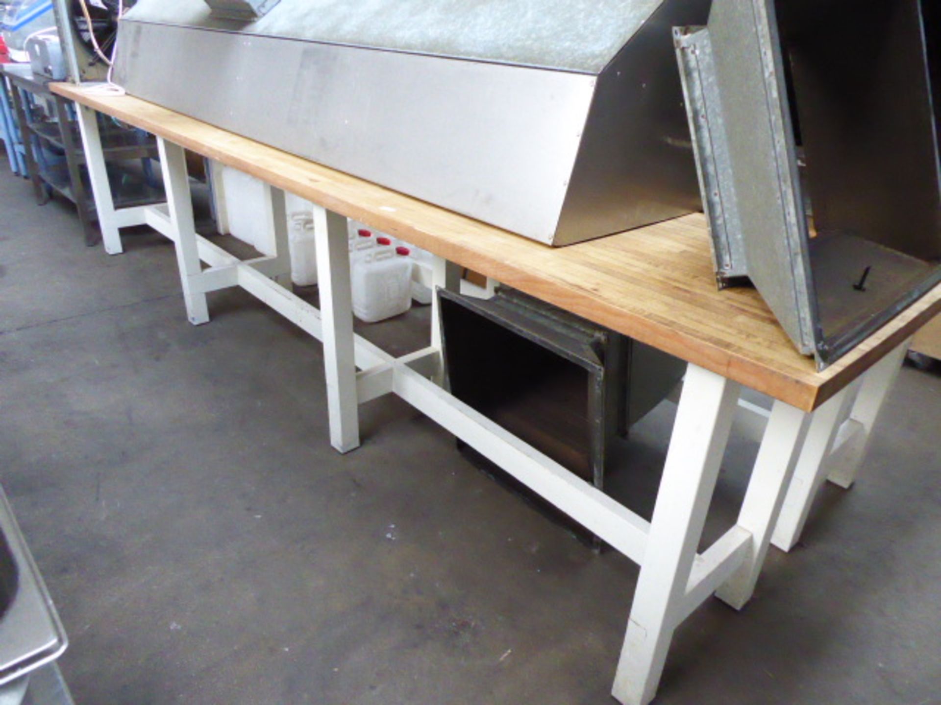 Pair of 400cm long by 65cm deep work benches with an oak block work top on cream painted legs - Image 2 of 2