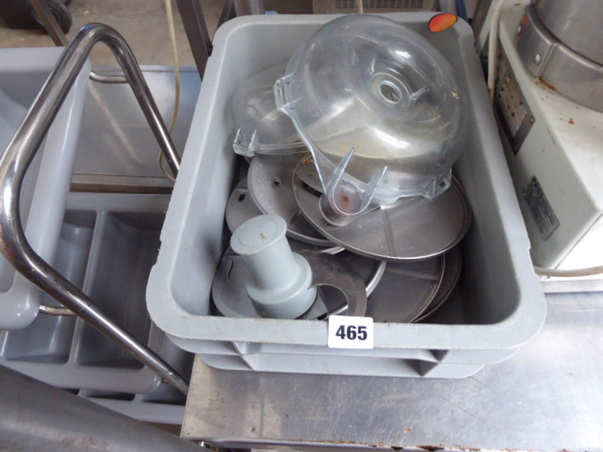 Tray of assorted Robot Coupe blades, veg slicers and parts