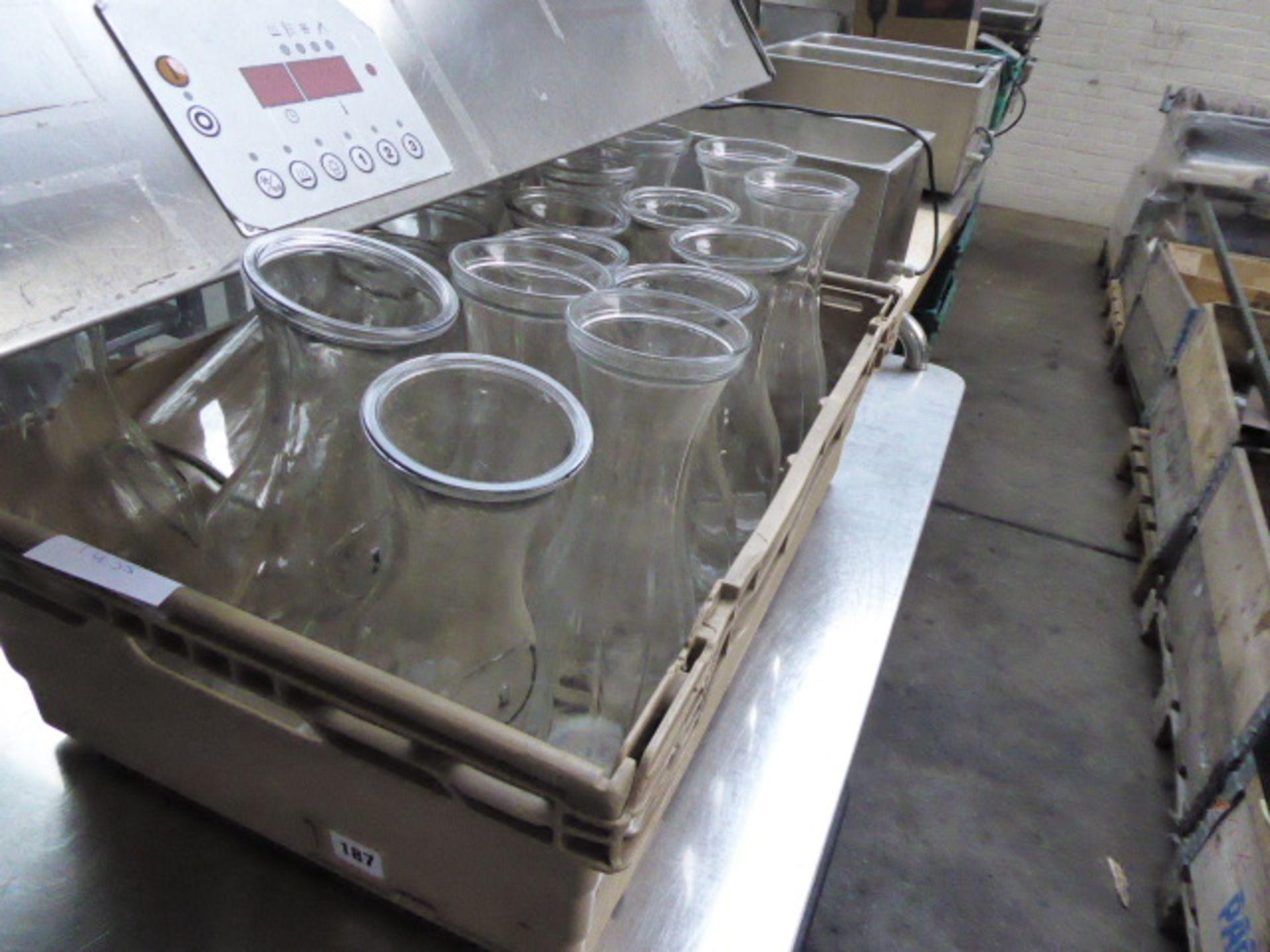 Tray of glass wine decanters