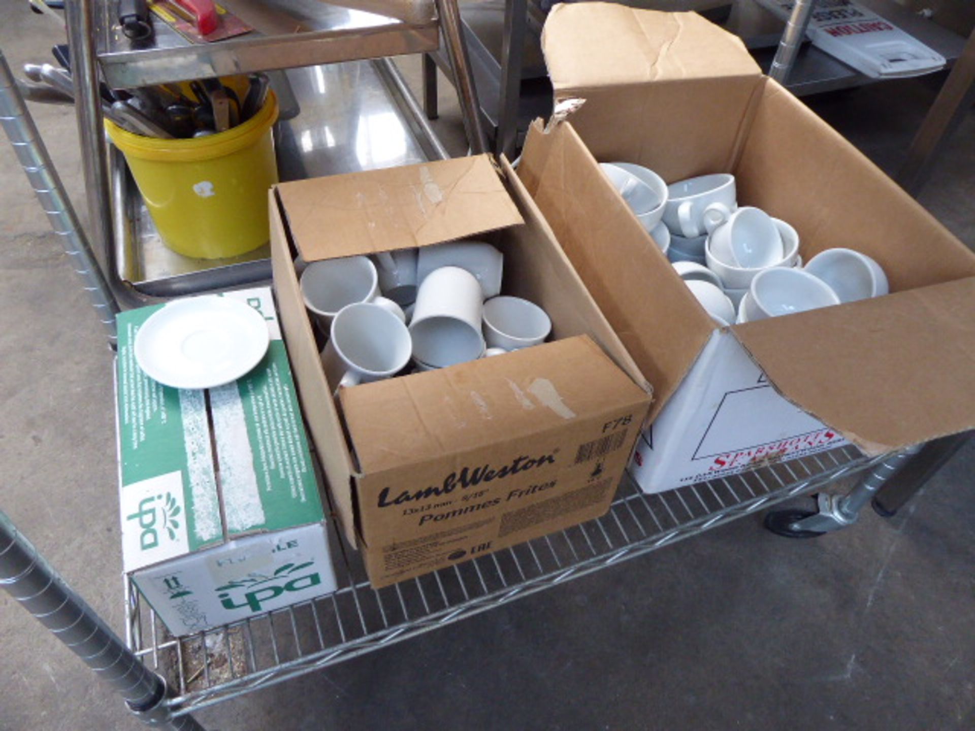 Six boxes of assorted white teacup, saucers, coffee cups, saucers and mugs