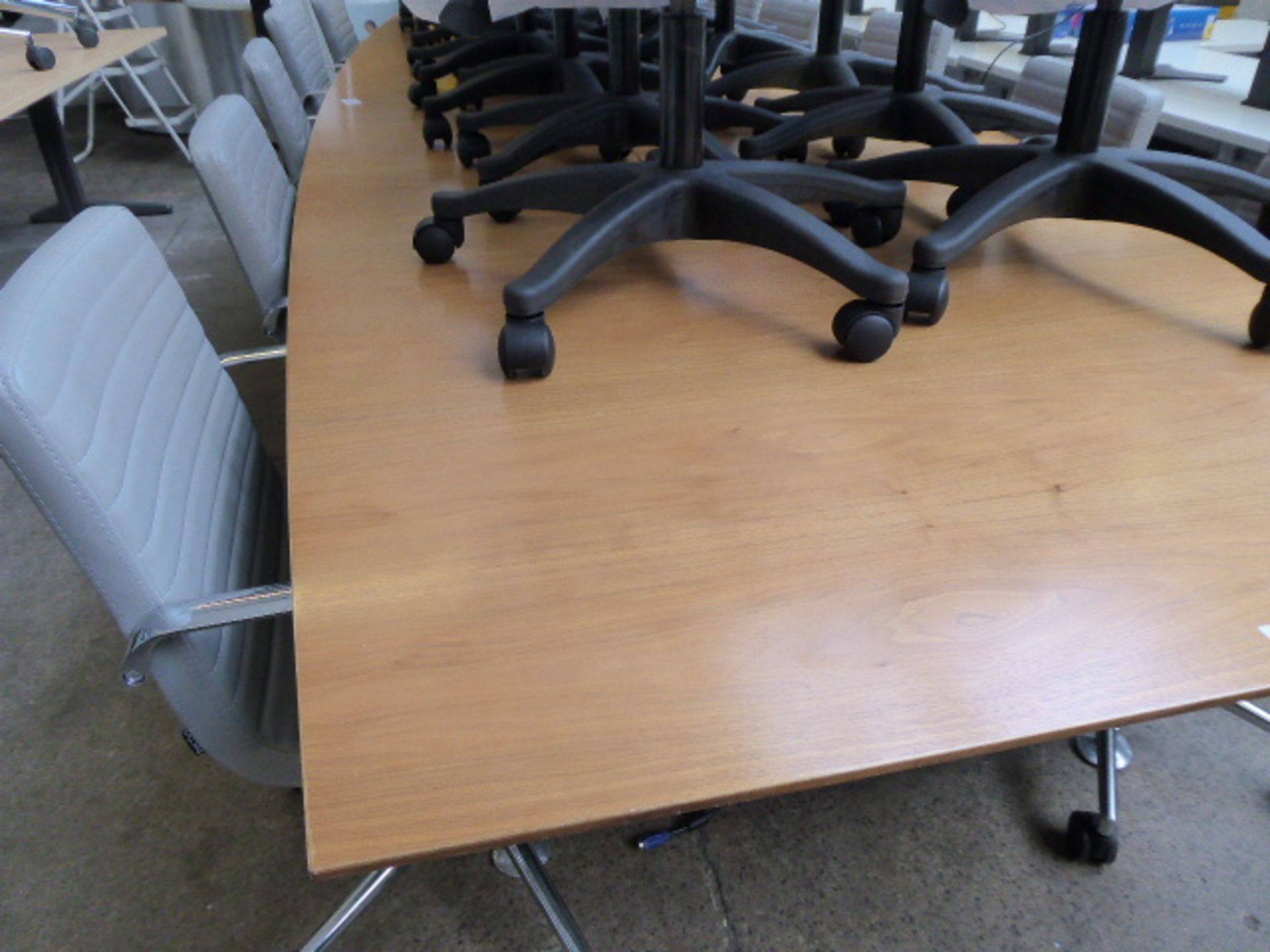 Large teak boardroom table in 3 sections on splayed chrome legs with padded feet, measuring 420cm - Image 7 of 7