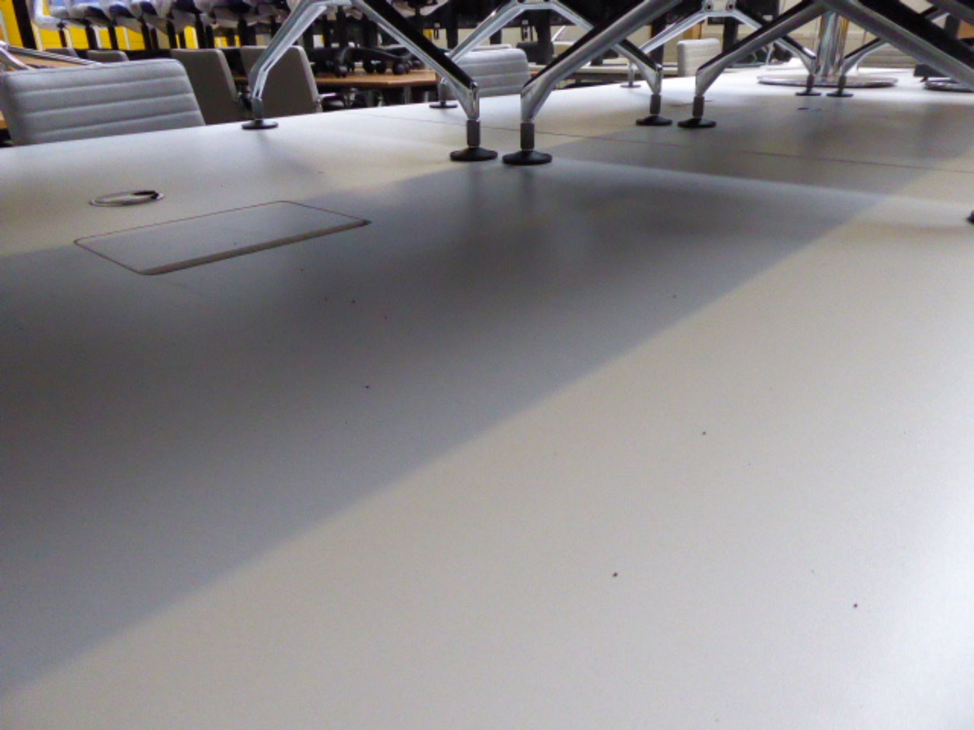 Large 3 section boardroom table on white metal powder coated legs with padded feet, measuring 480 - Image 6 of 7