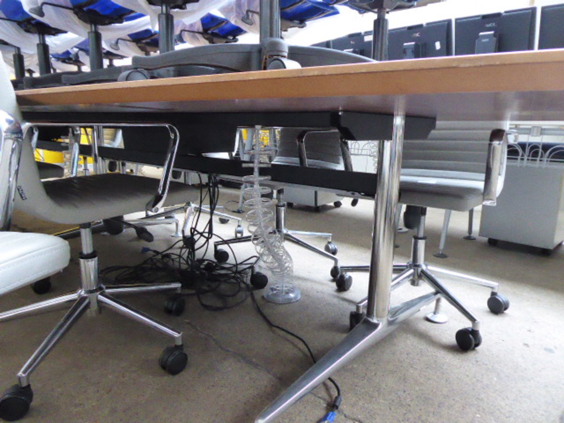 Large teak boardroom table in 3 sections on splayed chrome legs with padded feet, measuring 420cm - Image 6 of 7