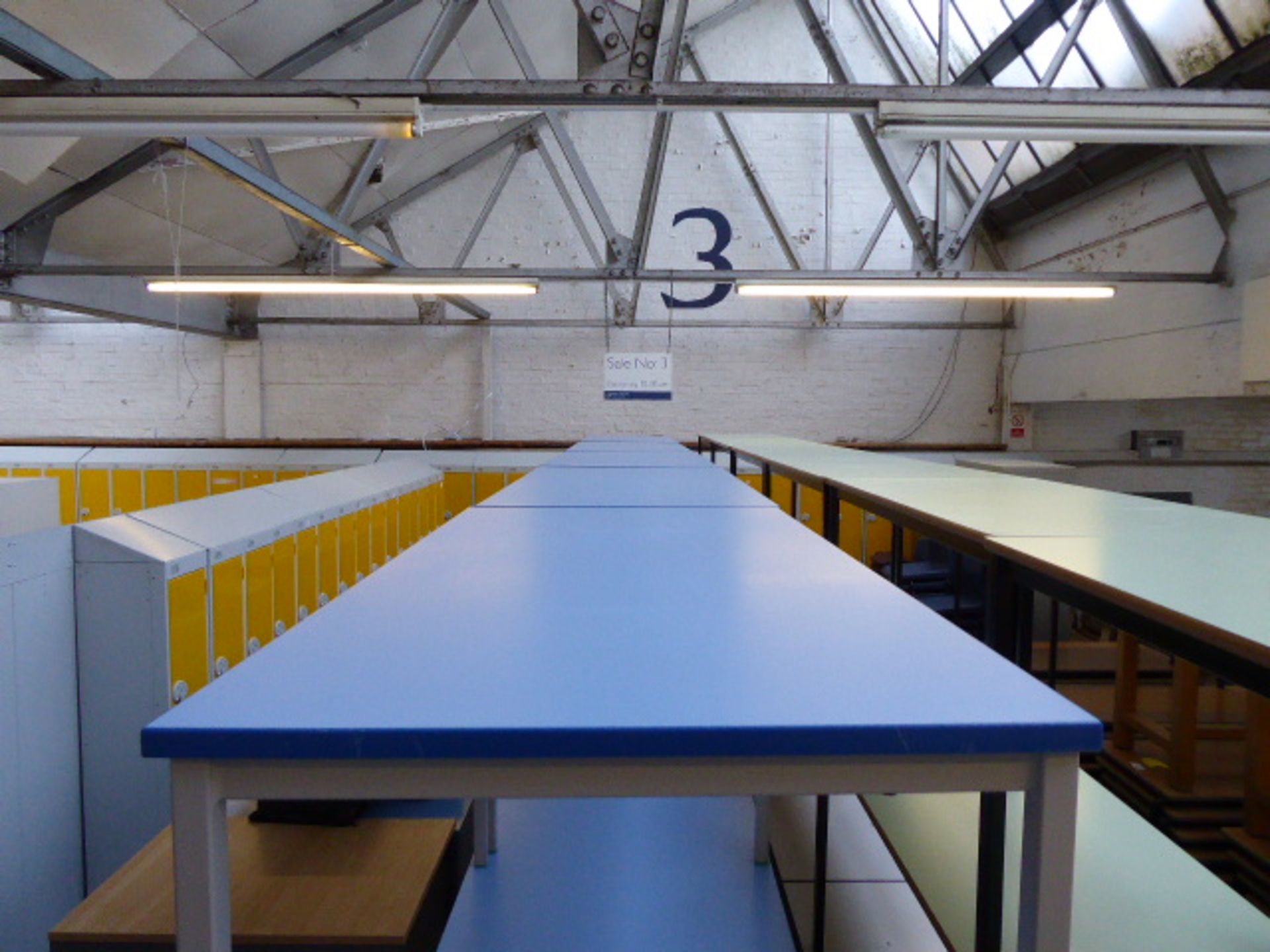 14 blue topped grey metal frame school tables, non stacking, 120cm x 60cm